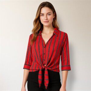 Haute Monde S Red Striped Tie Front‎ Blouse Nautical Collared Crop Shirt Summer